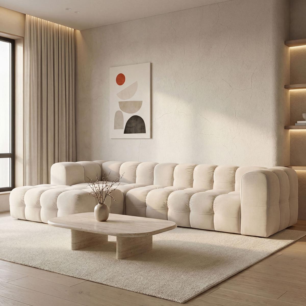 ECKSOFA Mochi L-Form 5-Sitzer Links, Samt, Beige 290/75/193 cm - Ecru/Schwarz, Kunststoff/Textil (290/193cm) - WFL GROUP