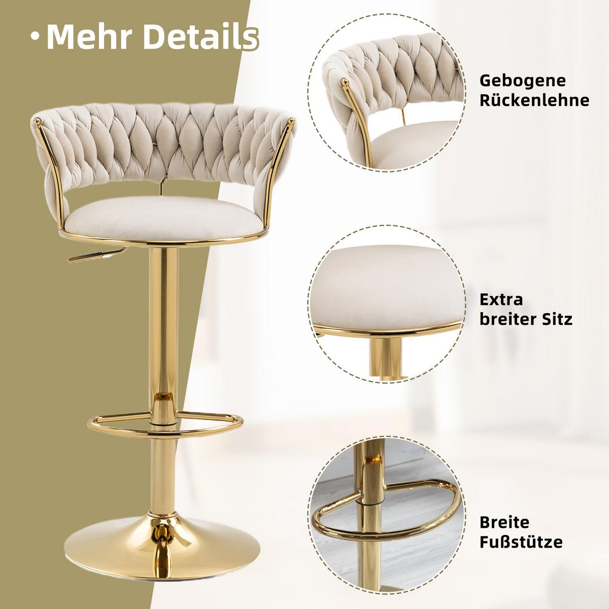 BARHOCKER samt höhenverstellbar 2er set goldfuß - Creme, Textil (54/78/46cm) - Urban Meuble