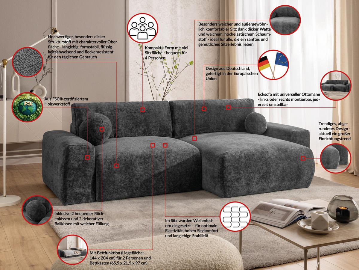 ECKSOFA Puffy mit Schlaffunktion und Bettkasten - besonders weich und puffig aus Dunkelgrau Stoff mit Chenillestruktur - Ottomane rechts - Dunkelgrau/Schwarz, Holz/Kunststoff (266/138cm) - S-Style Möbel