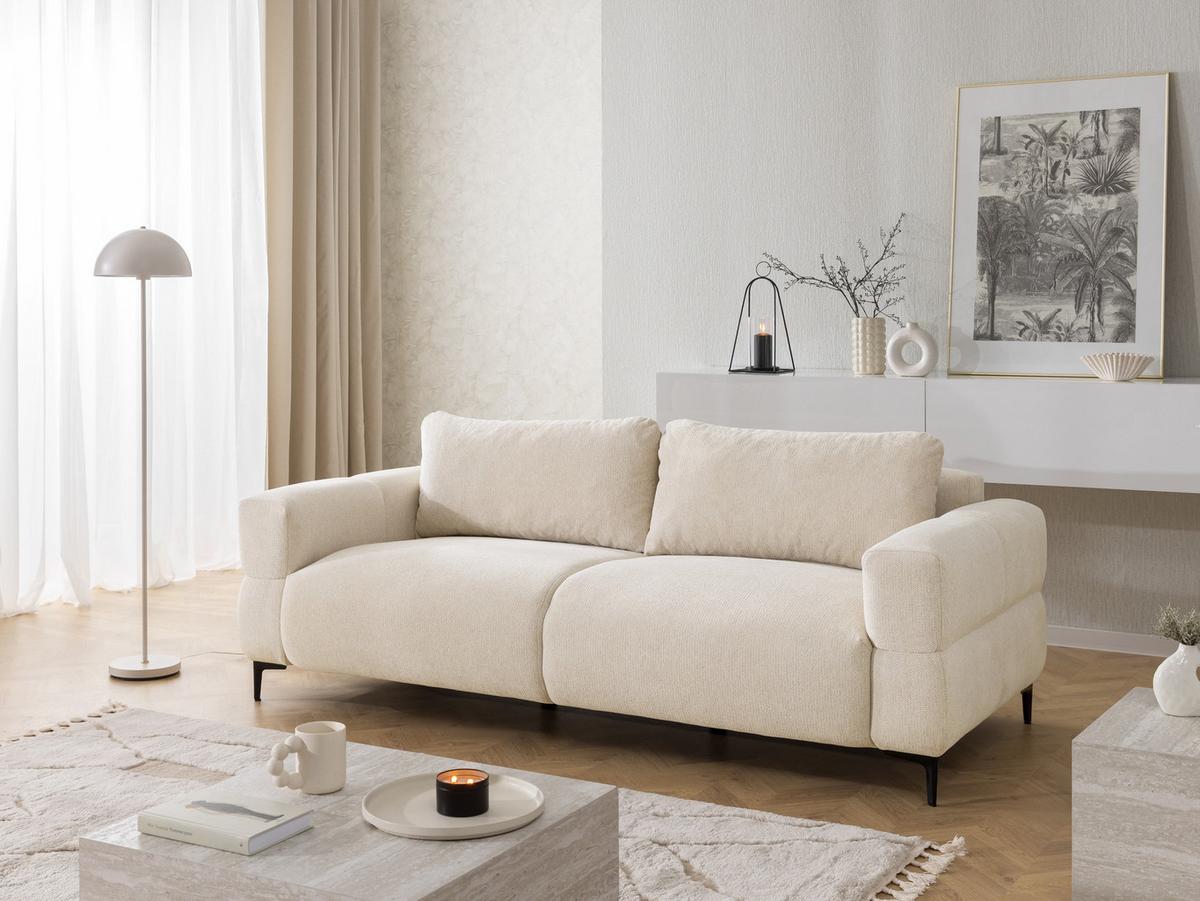 3-SITZER-SOFA Cardea in Bubble-Optik aus weichem Hellbeige Strukturstoff mit hohem Sitzkomfort - Beige/Schwarz, Holz/Textil (217/80/97cm) - S-Style Möbel