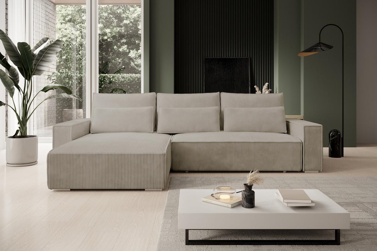 ECKSOFA Alice mit Bettkasten und Schlaffunktion, Cordstoff in L-Form - Beige, Textil (289/184cm)