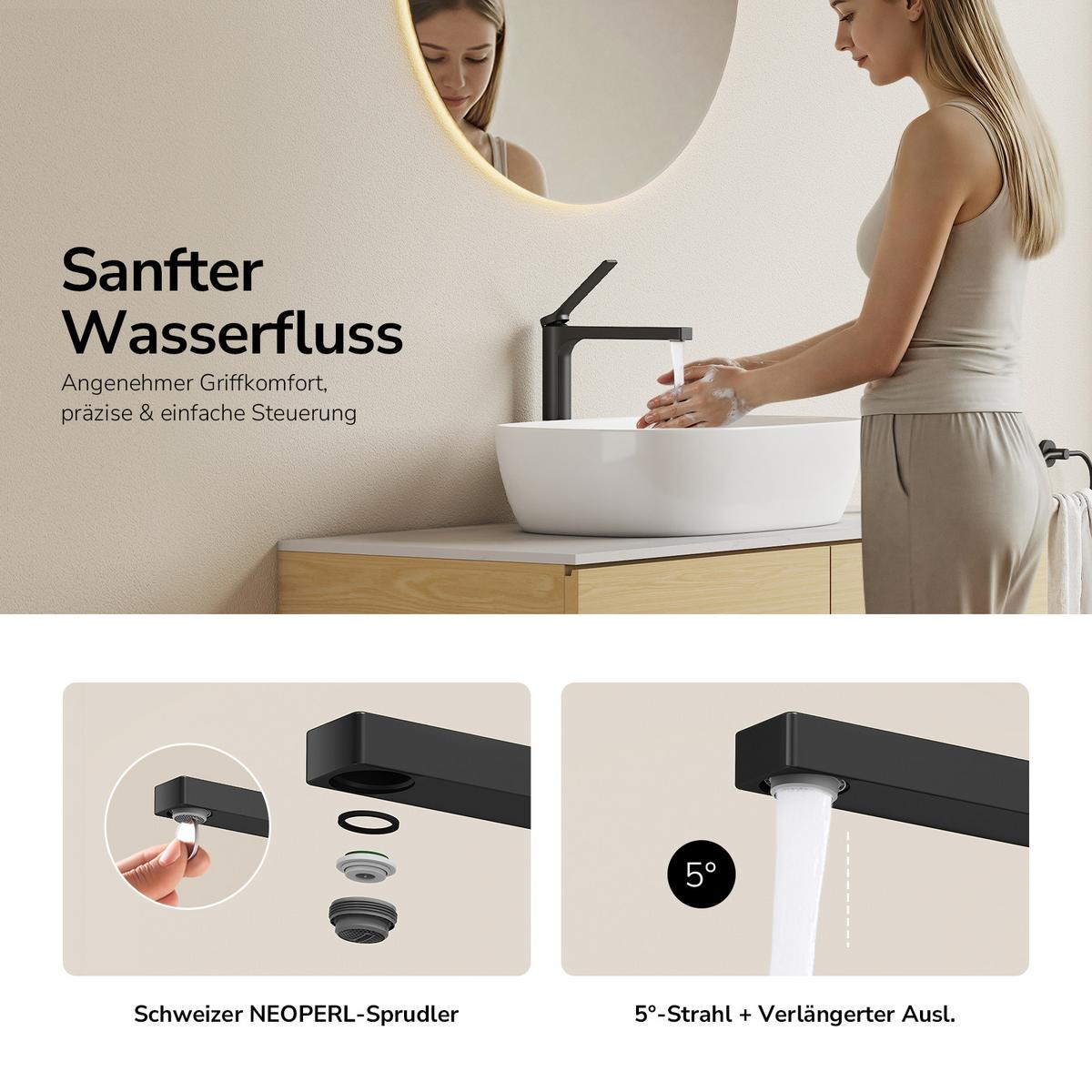 WASCHTISCHARMATUR mit Zertifiziertem Filterelement Schwarz Matt 33,5/23,3/4,6 cm - Schwarz, Metall (23.3/4.6/33.5cm) - EMKE