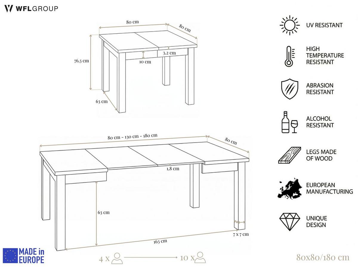 ESSTISCH Toren Weiß ausziehbar verlängerbar quadratisch, Kaschmir 80-180/80/76.5 cm - Kaschmir/Beige, Holz/Holzwerkstoff (80/180/76.5cm) - WFL GROUP