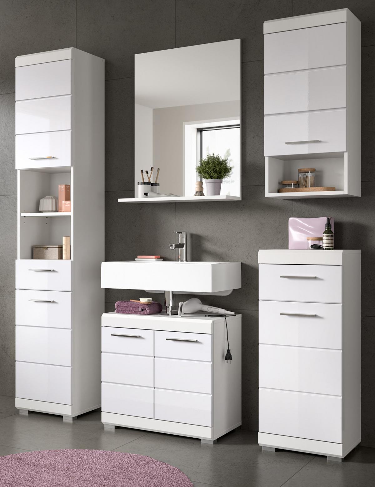 BADMÖBEL-SET weiß Hochglanz 5-teilig 164 cm, Komplettset mit viel Stauraum - Weiß Hochglanz, Glas/Holzwerkstoff (164/191/34cm) - Inn.Furn