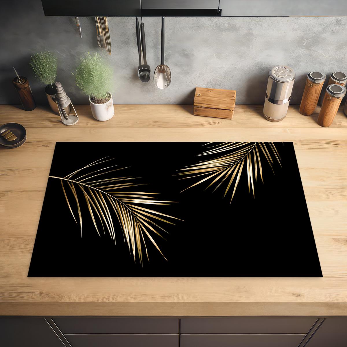 HERDABDECKPLATTE Blätter - Pflanzen - Gold - Schwarz - Luxus Ceranfeldabdeckung 80x52 cm - Goldfarben, Kunststoff (80/52/0.2cm) - MuchoWow