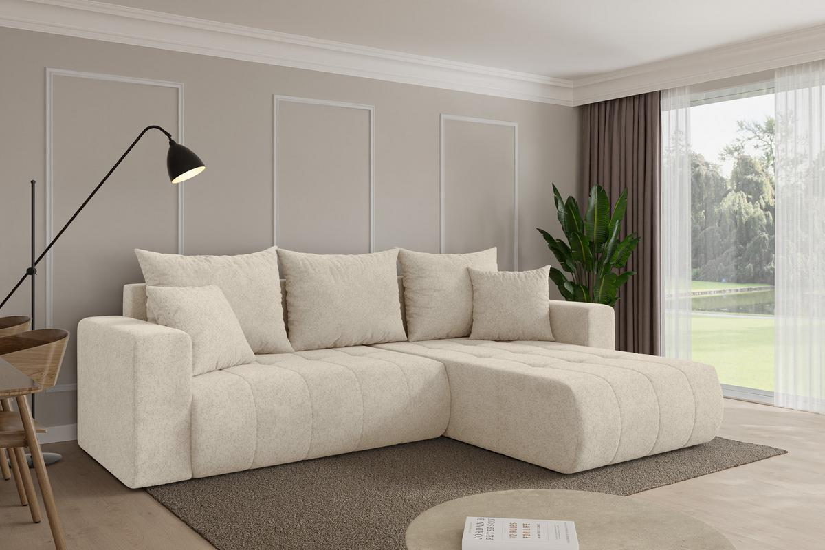 ECKSOFA mit Schlaffunktion Ottomane Rechts MILA-L 277x194x86 Creme Velours - Creme/Schwarz, Holzwerkstoff/Kunststoff (277/194cm) - ALTDECOR