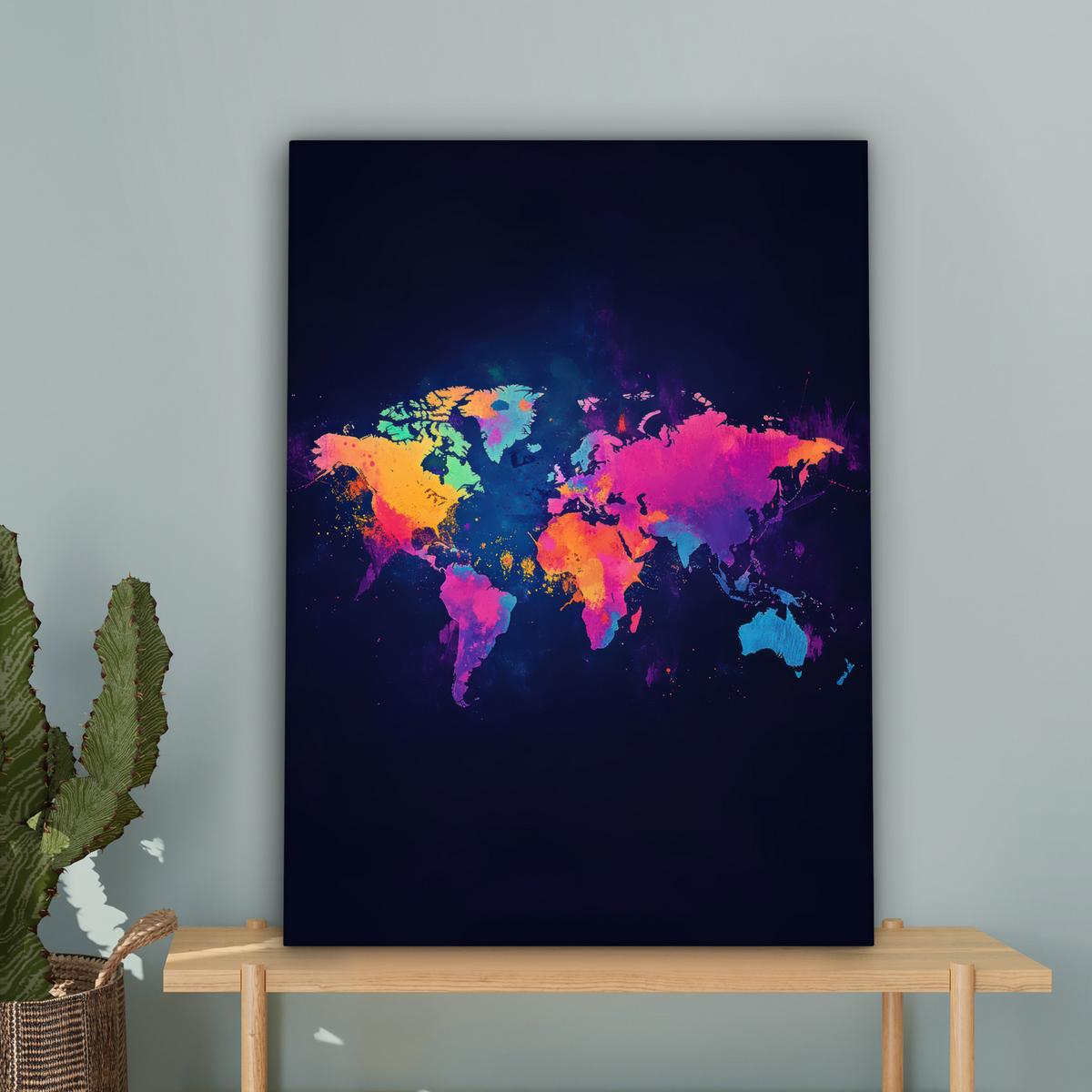 LEINWANDBILD Weltkarte - Bunt - Graffiti Wandbild Wohnzimmer 60x80 cm - Multicolor, Textil (60/80cm) - MuchoWow