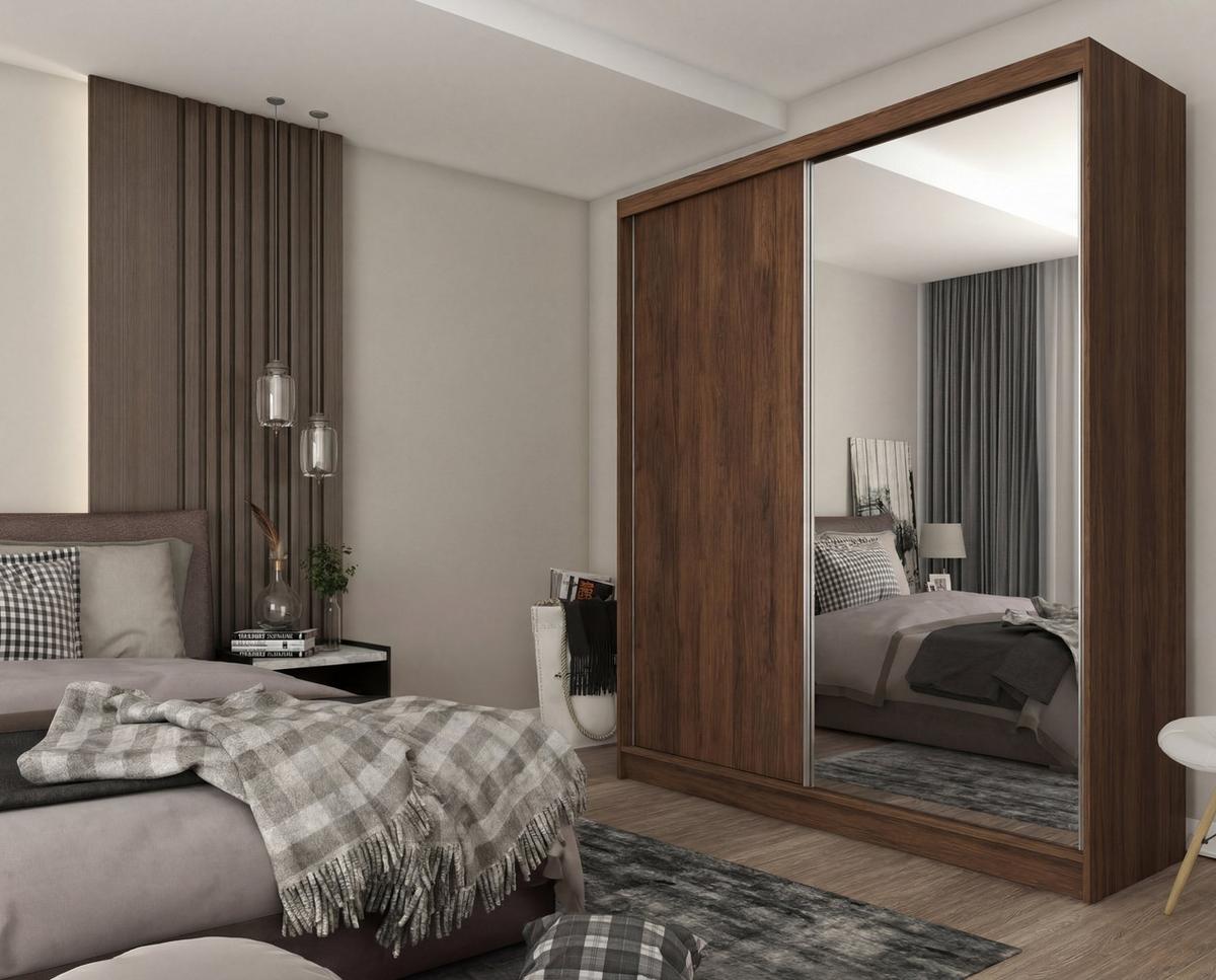 SCHWEBETÜRENSCHRANK PATRIZIA 200/216/61 cm Modern Kleiderschrank 2-türig mit Spiegel Nussbaumfarben - Nussbaumfarben, Holzwerkstoff (200/216/61cm) - MASSENO