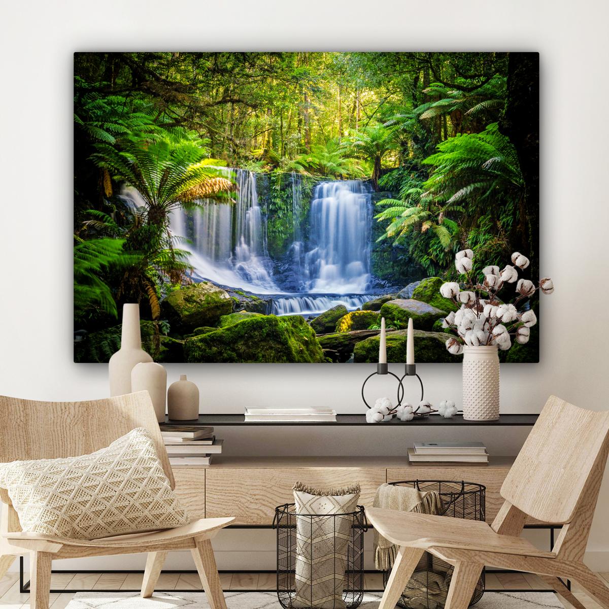 LEINWANDBILD Dschungel - Wasserfall - Australien - Pflanzen - Natur XXL 150x100 cm - Dunkelgrün, Textil (150/100cm) - MuchoWow