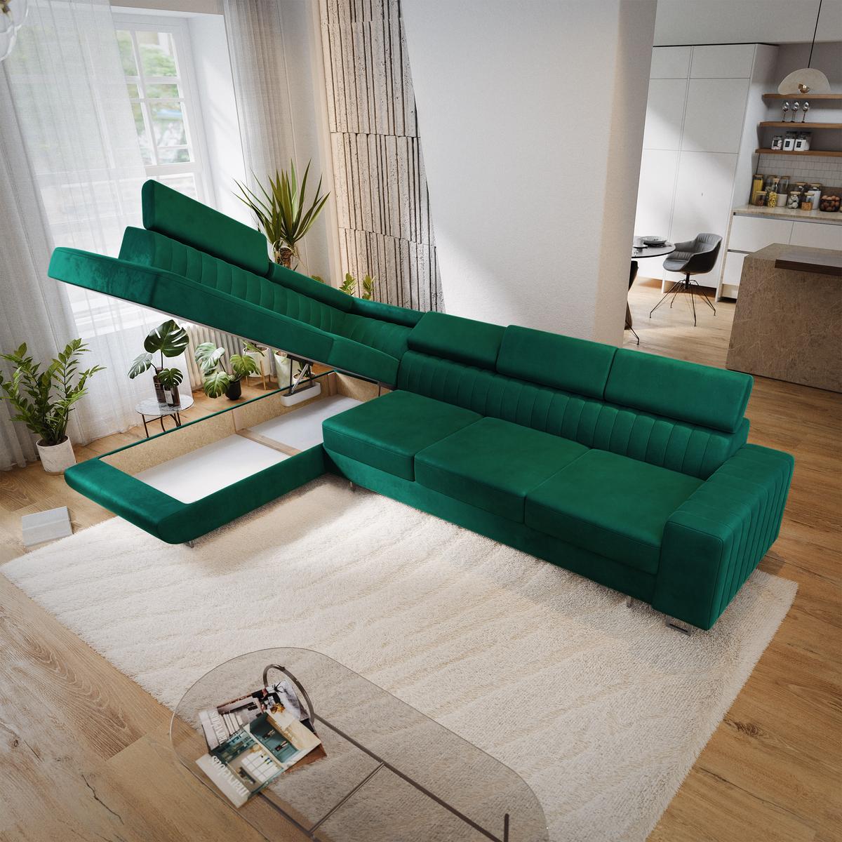 ECKSOFA HESTION Grün Velours-Stoff mit Schlaffunktion - Grün, Holz (332/190cm) - MASSENO