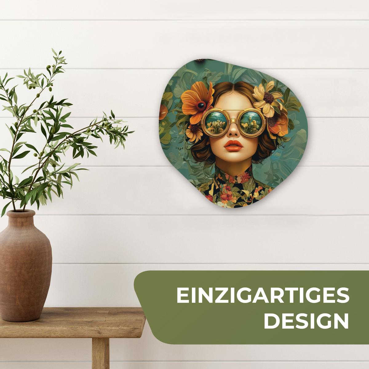 WANDBILD Frau - Blumen - Schmetterlinge - Natur - Vintage Wanddeko 40x40 cm - Petrol, Kunststoff (40/40cm) - MuchoWow
