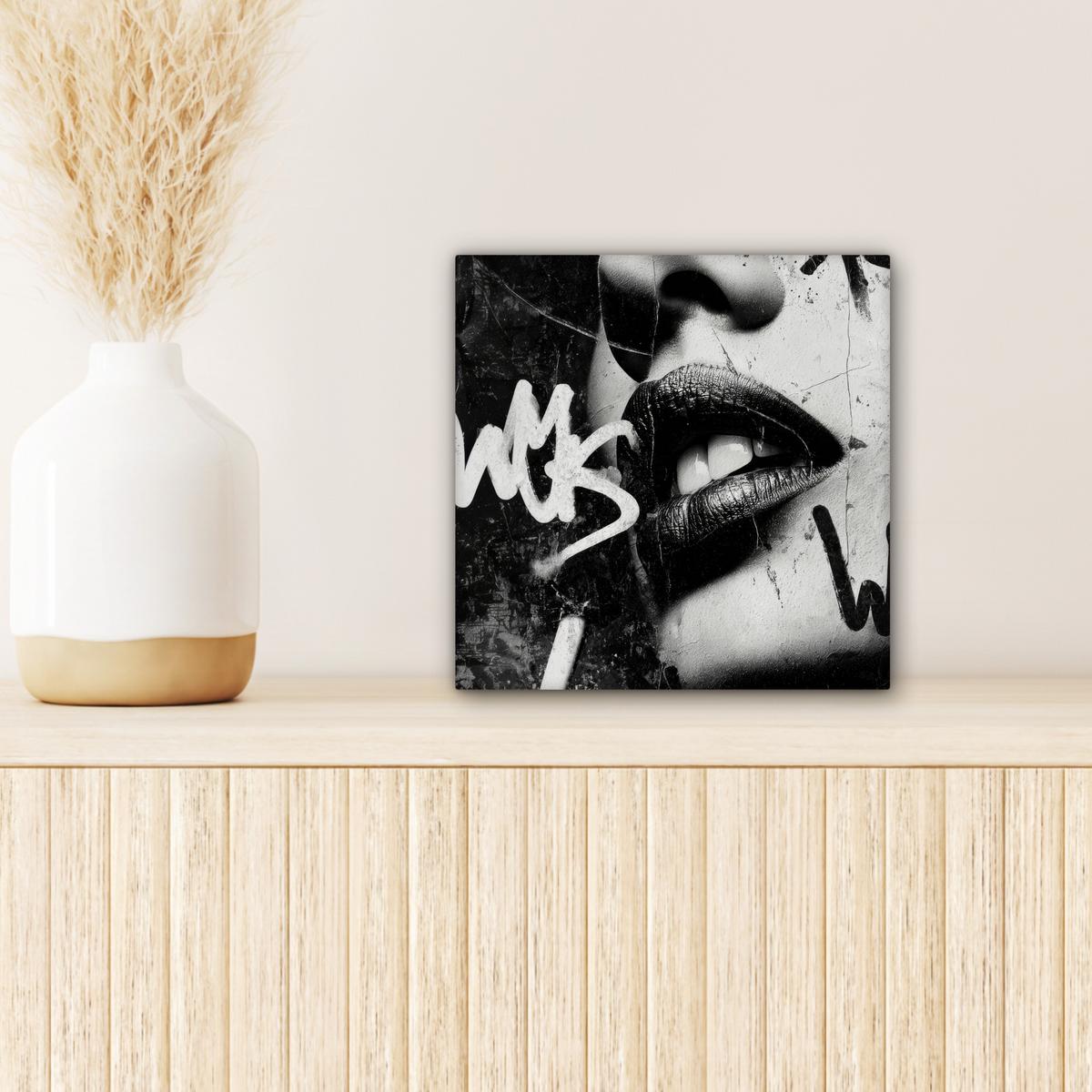 LEINWANDBILD Gesicht - Mund - Graffiti - Schwarz Deko Wohnzimmer 20x20 cm - Schwarz, Textil (20/20cm) - MuchoWow
