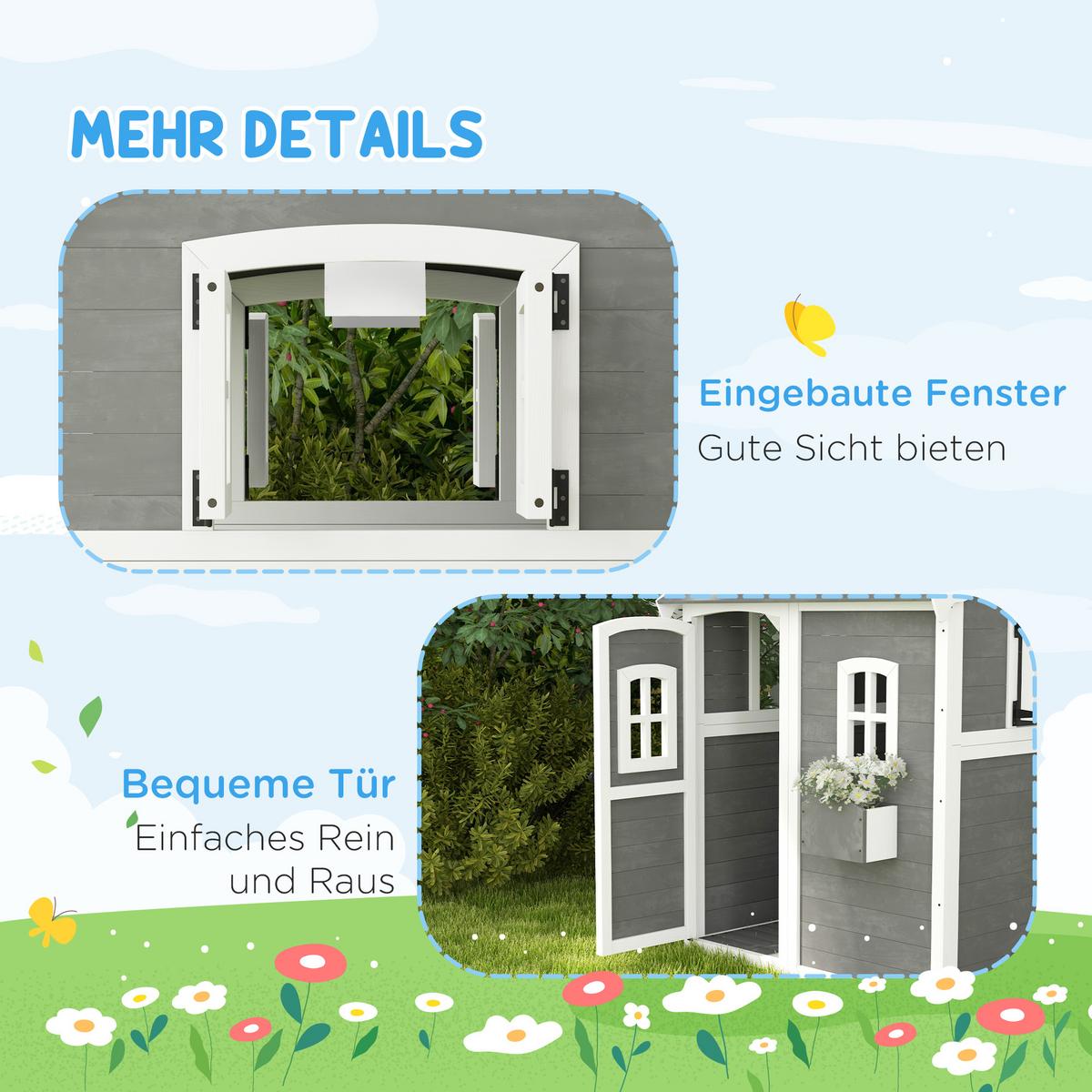 SPIELHAUS für Kinder, Indoor- und Outdoor-Haus mit Tür, Fenstern, Grau - Grau, Holz (104.5/137/110cm) - Outsunny