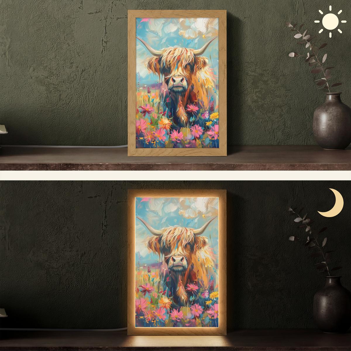 TISCHLEUCHTE Schottische Hochländer - Natur - Farbenfroh - Blumen 20x30 cm - Bordeaux, Holzwerkstoff (8/20/30cm) - OnlyWow
