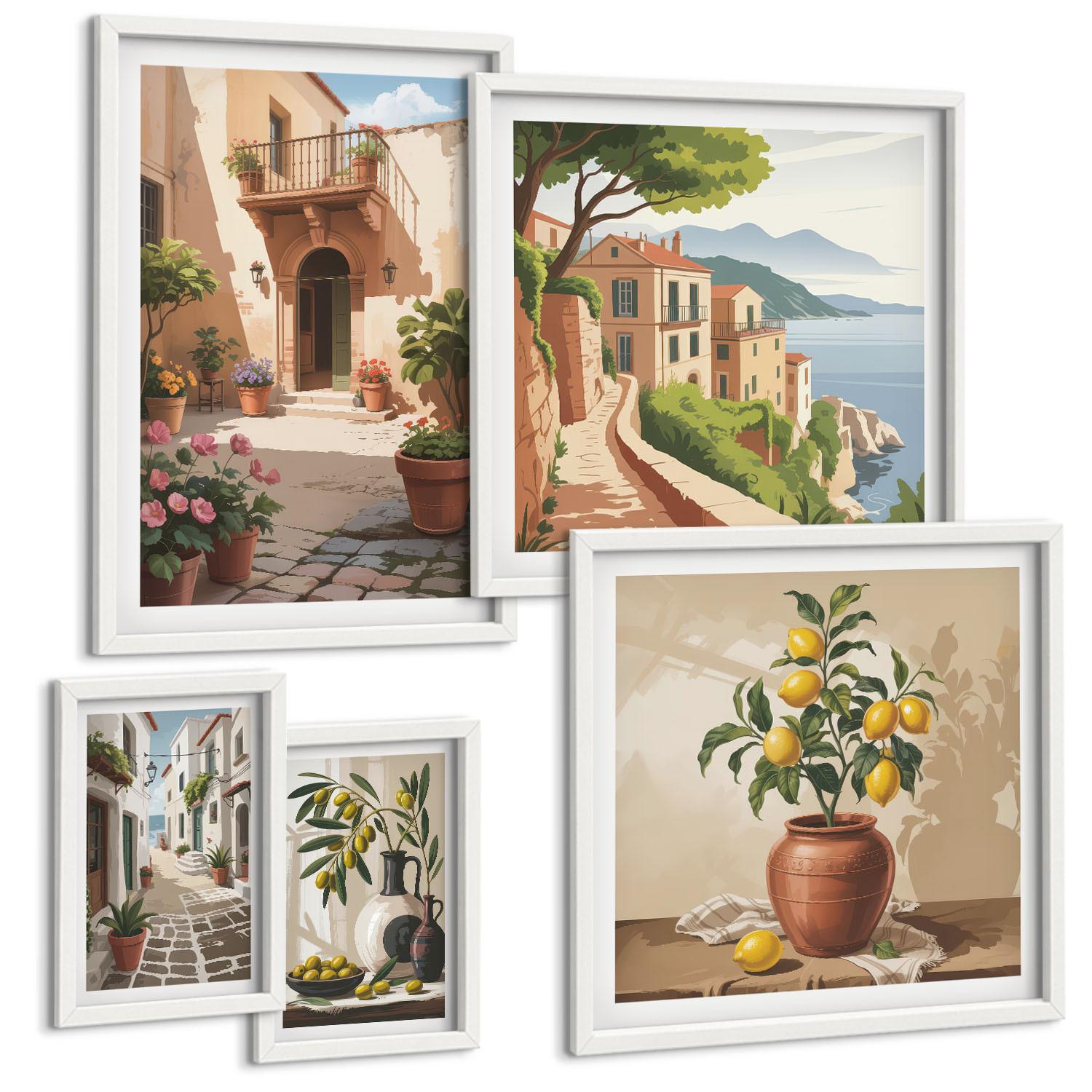BILDER SET 5er Set - 50x50 cm & 20x30 cm & 40x60 cm Weißer Rahmen - Zitronenblumen im Topf, Straßen - Weiß, Kunststoff (40/60cm) - TULUP