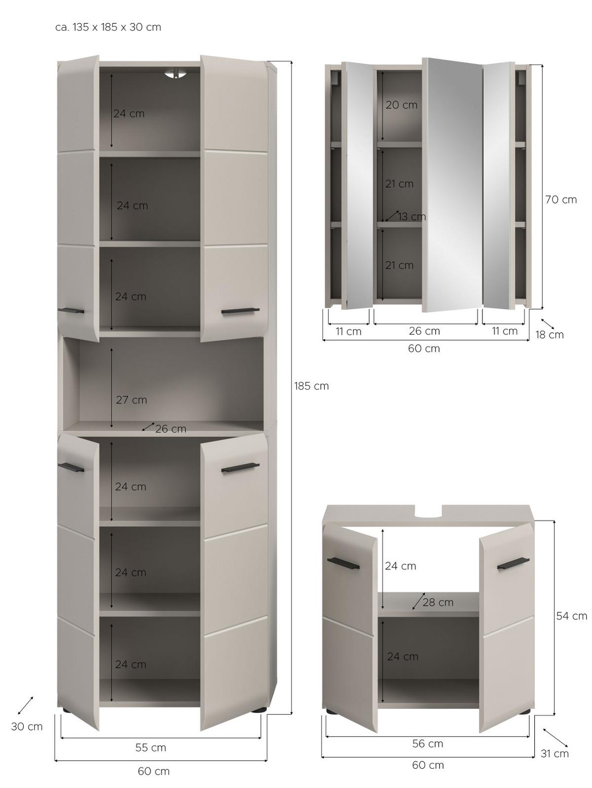 BADMÖBEL-SET Kaschmir 3-teilig 135 cm, Komplettset mit viel Stauraum - Kaschmir/Schwarz, Glas/Holzwerkstoff (135/185/30cm) - Inn.Furn