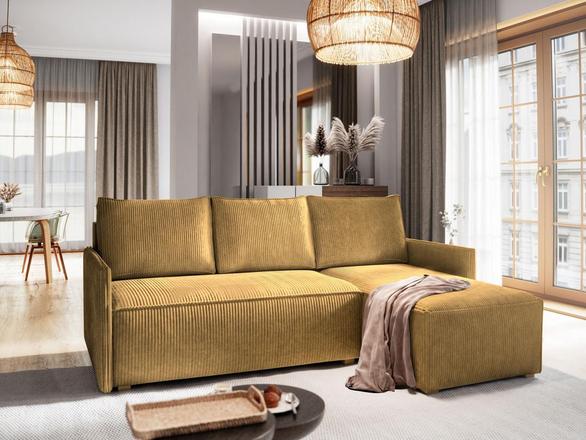 ECKSOFA PERUSI Gelb Kordstoff mit Schlaffunktion - Gelb/Grau, Holz/Kunststoff (206/143cm) - MASSENO