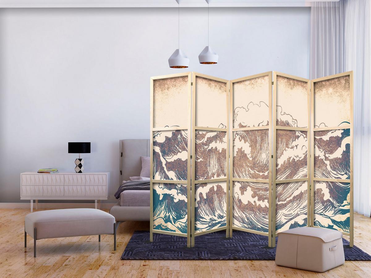 PARAVENT Japanischer 5-tlg 225x172 cm Vintage Wellen - Beige, Holz/Textil (225/172/3cm) - Muralo
