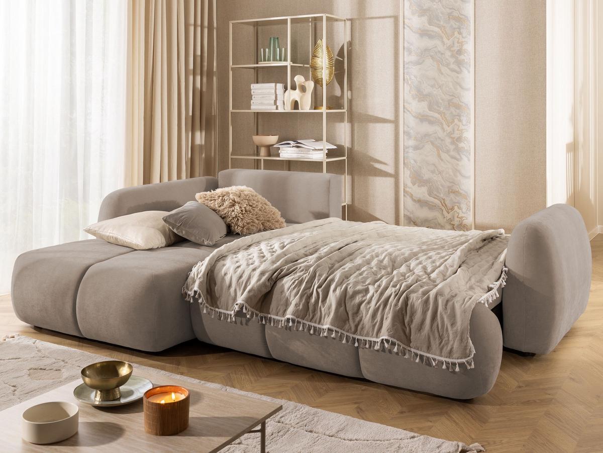ECKSOFA Loretto aus natürlichem Greige Webstoff mit Schlaffunktion, Bettkasten und tiefen Steppungen in Bubble-Optik - Greige/Schwarz, Holz/Kunststoff (180/275cm) - S-Style