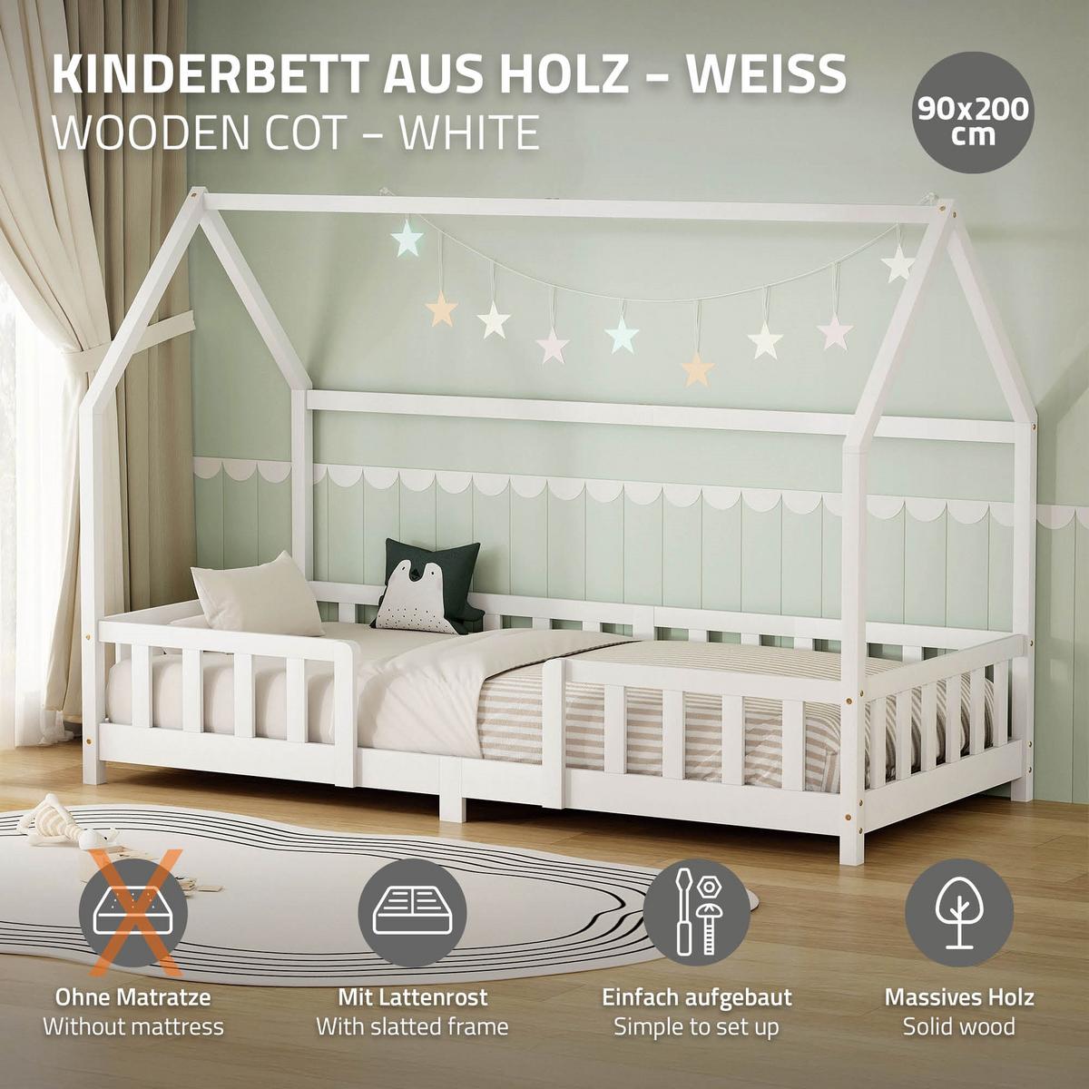 KINDERBETT 90x200 cm mit Rausfallschutz Weiß aus Kiefernholz - Weiß, Holz (90/200cm) - ML-DESIGN