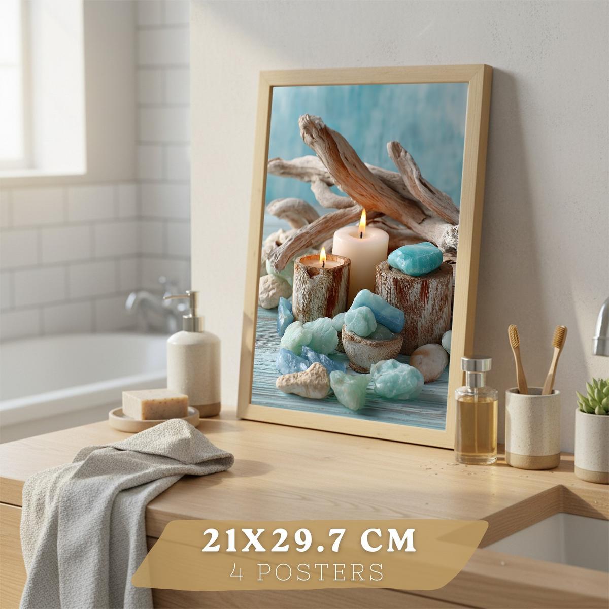 POSTER 4er-Set Badezimmer-Wandposter, Strand-Spa-Poster für Waschbecken, WC mit Muscheln, Kerzen, Handtüchern und Meersalz Leichter Holzrahmen A4 - Beige, Papier (29.7/21/3cm) - Nacnic