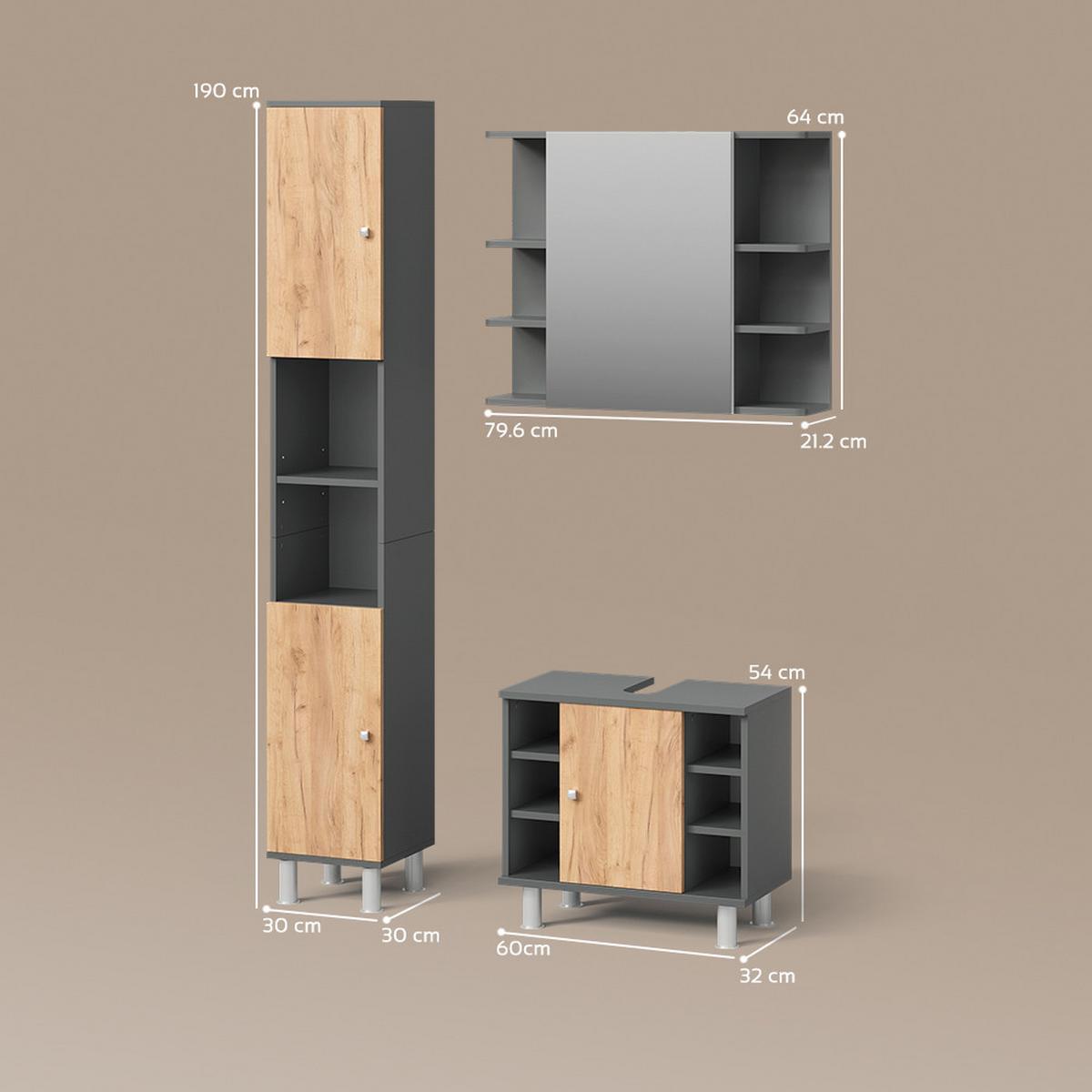BADMÖBEL-SET Fucino Anthrazit/Goldkraft Eiche 3 Teile mit Hochschrank - Honigeiche/Anthrazit, Holzwerkstoff (60/54/32cm) - Livinity®