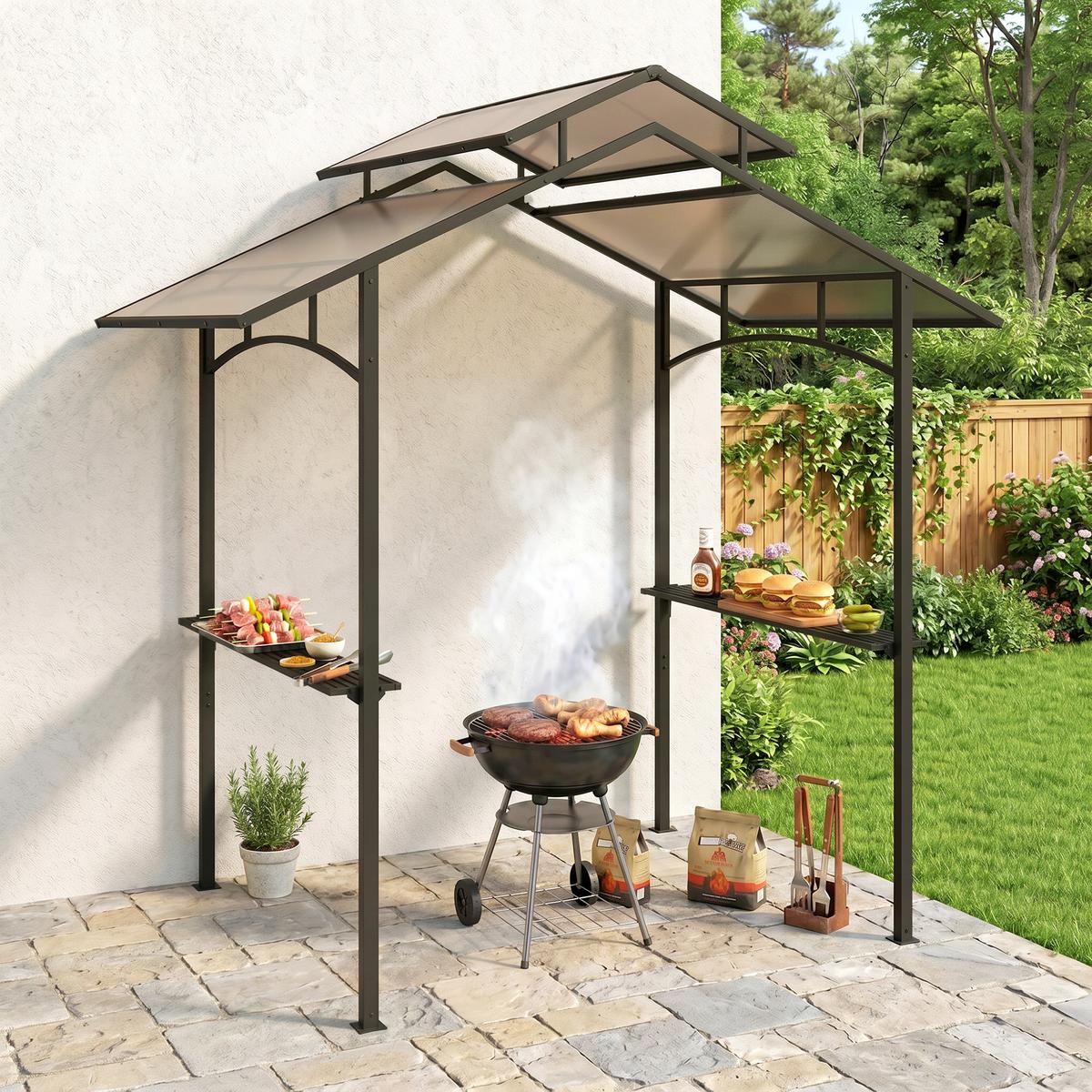 GRILLPAVILLON mit Flammschutzdach 2,5 x 1,5m BBQ-Pavillon mit 2 Ablagen Stahl PC - Schwarz, Metall (150/250/240cm) - Outsunny
