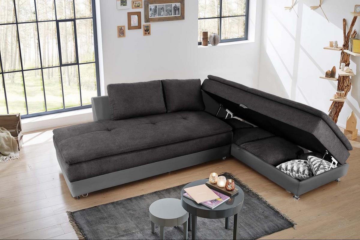 ECKSOFA-DAUERSCHLÄFER Doppelbett Boxspring Federkern Topper, Schwenkteil links B306/T223/H95 cm, Kunstleder Grau+Mikrofaser Anthrazit / 15105 - Chromfarben/Anthrazit, Kunststoff/Textil (306/223cm) - luma-home