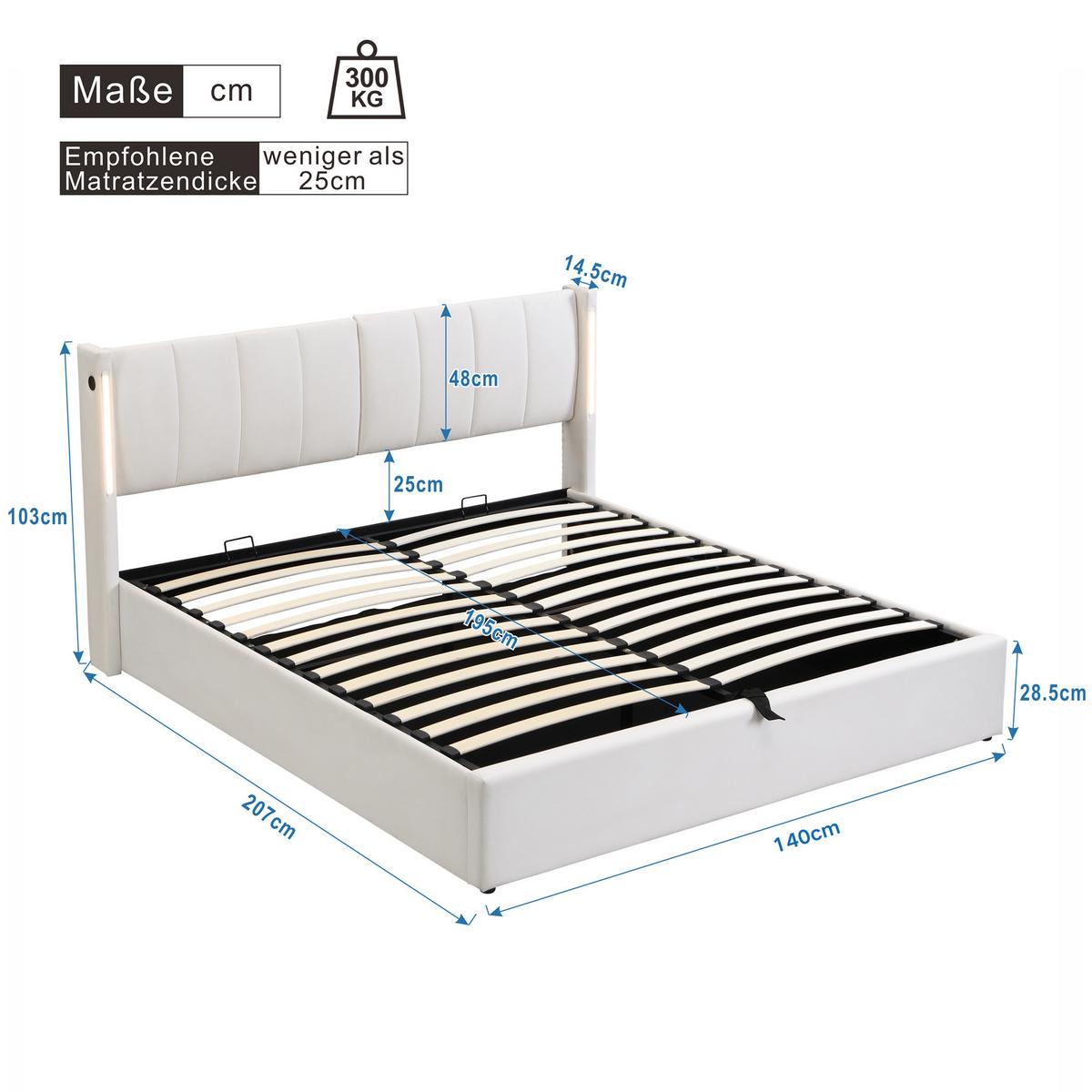 POLSTERBETT Weiß King Size 207/160/103 cm - Weiß, Holzwerkstoff/Metall - Urban Meuble