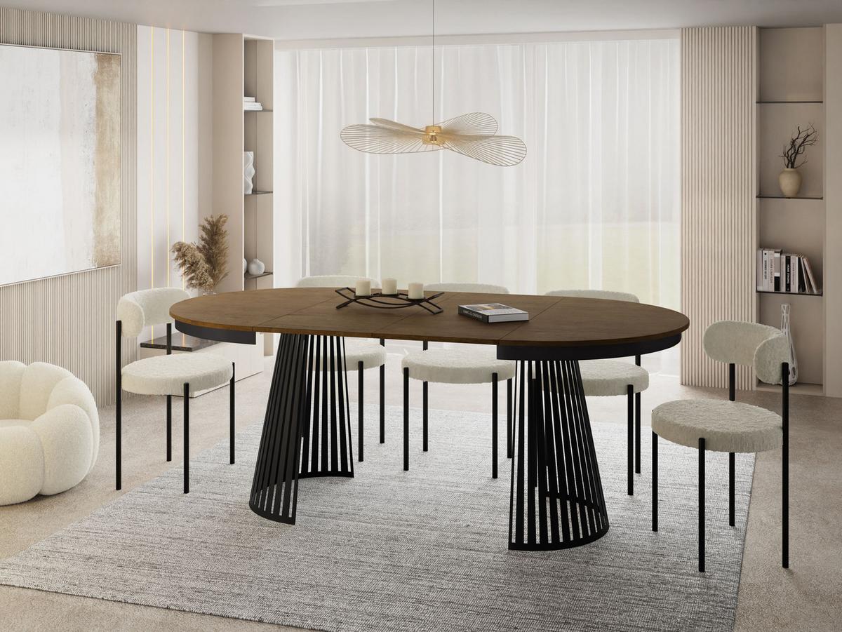 ESSTISCH Naro rund ausziehbar mit Schwarzem Lamellen-Metallgestell, Eiche Braun Rustikal 100-180/100/76 cm - Alteiche/Schwarz, Holzwerkstoff/Metall (100/176/76cm) - WFL GROUP