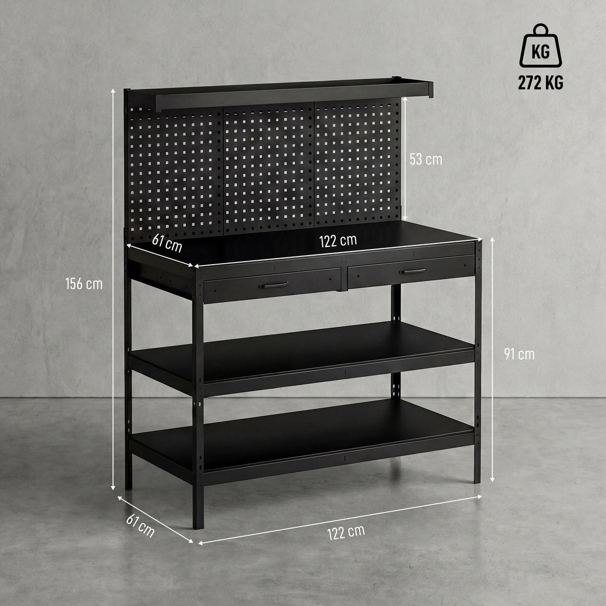 WERKBANK Stahl MDF Schwarz - Schwarz, Metall (61/156/122cm) - HOMCOM