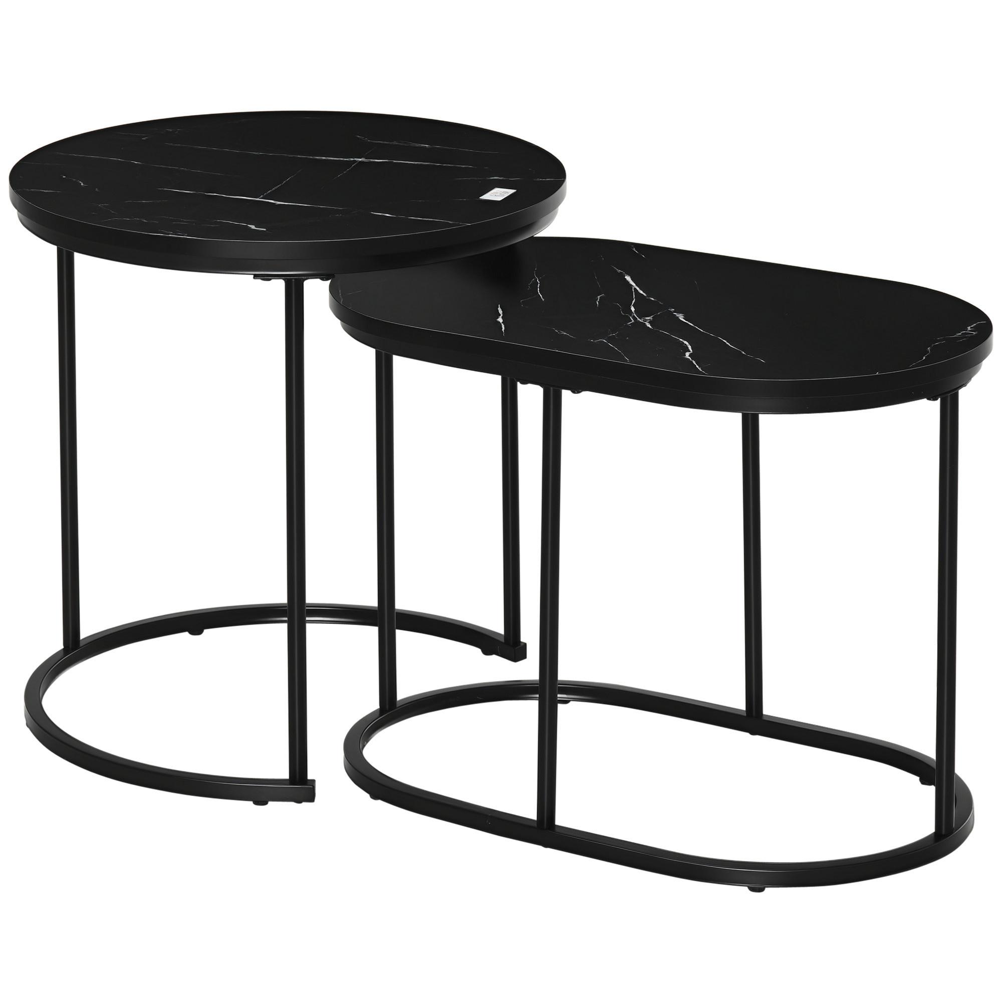 2ER Set Couchtisch Satztisch Rund mit Faux Marmor Seite bis 30 kg Stahl Schwarz - Schwarz, Metall (50/50/50.5cm) - HOMCOM