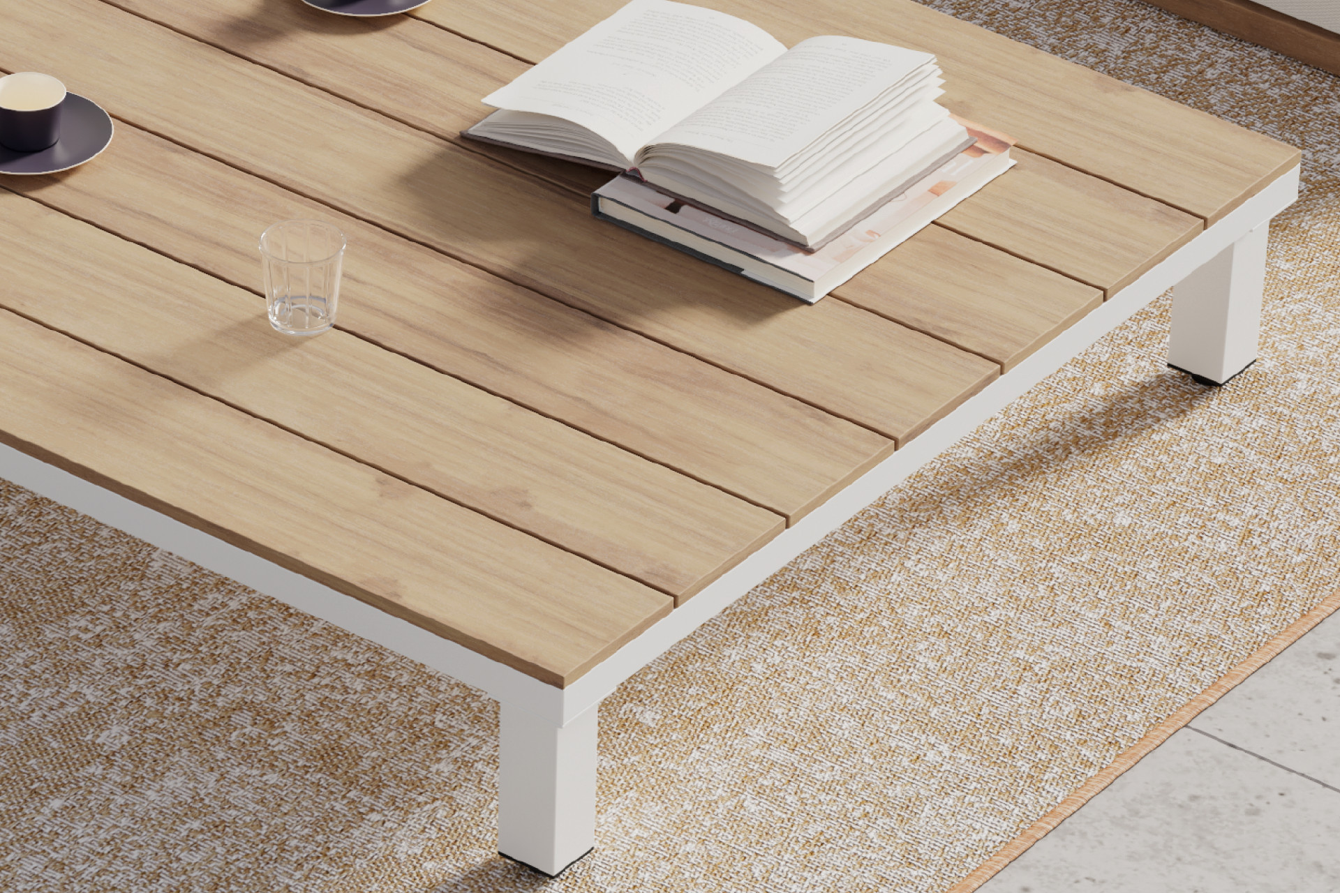 Loungetisch niedrig Tischplatte Akazienfarbe Echtholz massiv geölt Latten Gestell Tischbeine Weiß Eisen pulverbeschichtet 