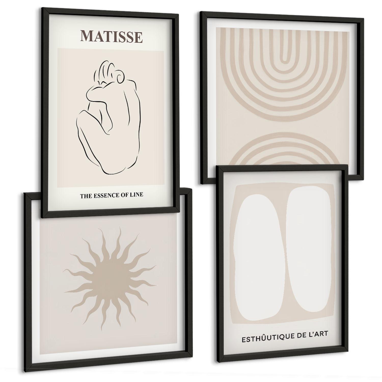 BILDER SET 4er Set - 50x50 cm & 40x60 cm Schwarzer Rahmen - Stilvolle minimalistische Linien - Schwarz, Kunststoff (50/50cm) - TULUP