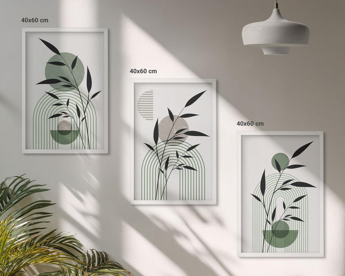 BILDER SET 3er Set - 40x60 cm Weißer Rahmen - Boho-Pflanzenkompositionen - Weiß, Kunststoff (40/60cm) - TULUP