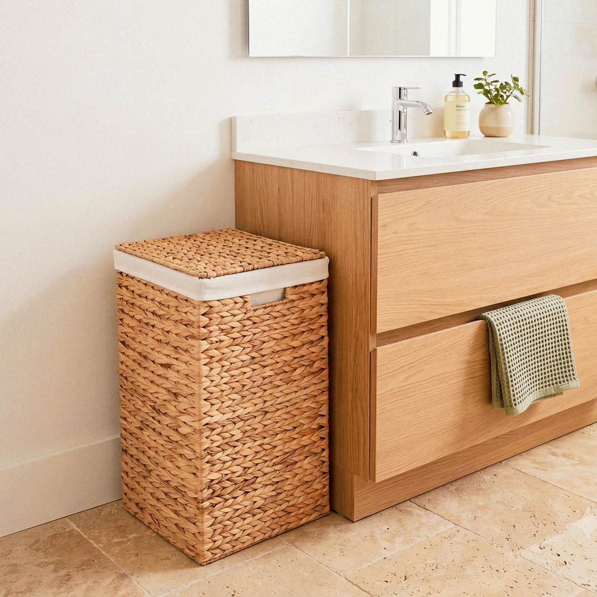 WASCHESAMMLER mit Deckel aus Wasserhyazinthe 30/60/40 cm - Beige, Naturmaterialien (30/60/42cm) - Calicosy