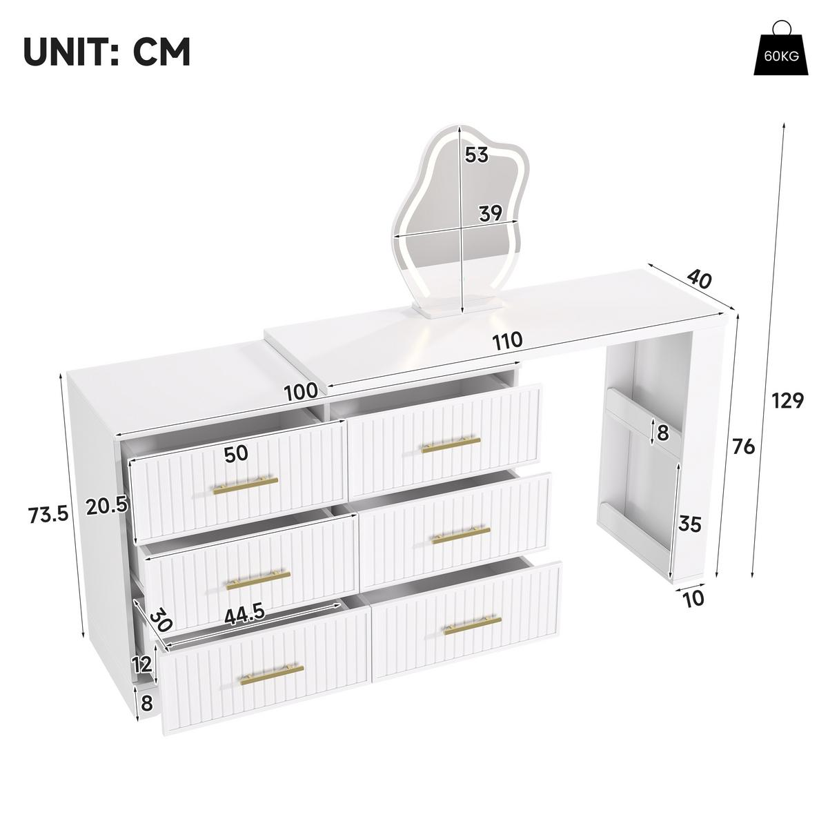 SCHMINKTISCH Drehbar L-Form Weiß Gold LED-Spiegel 6 Schubladen - Weiß, Holzwerkstoff (110/129/40cm) - Urban Meuble