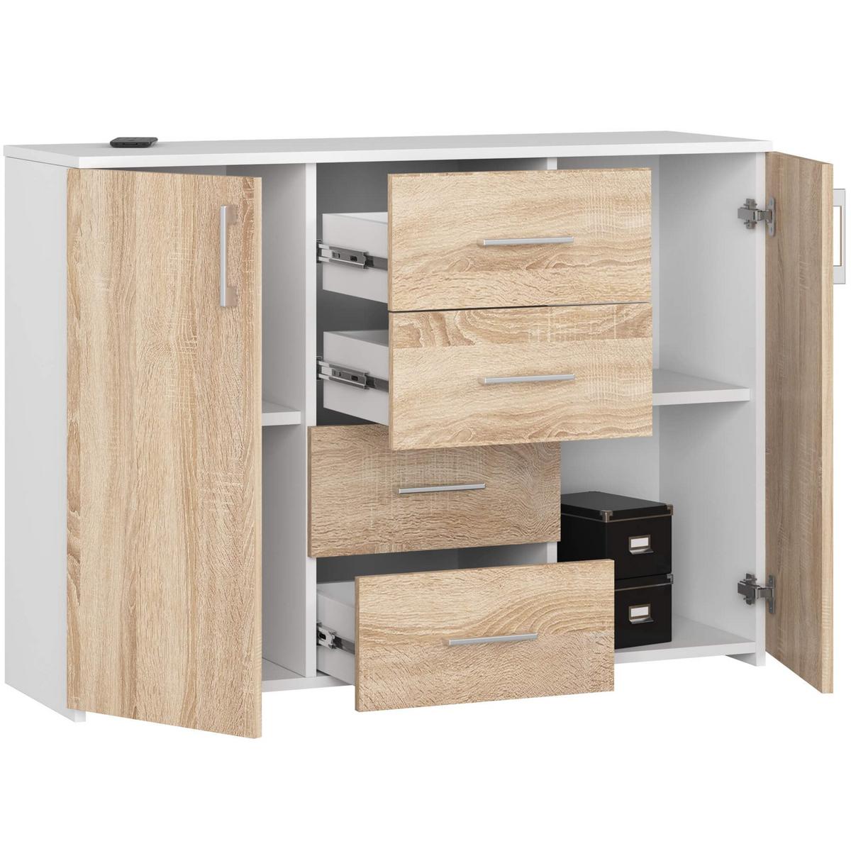 KOMMODE Weiß, Eiche Sonoma 80/110/35 - Weiß, Holzwerkstoff (110/80/35cm) - RAUMHIRSCH FURNITURE