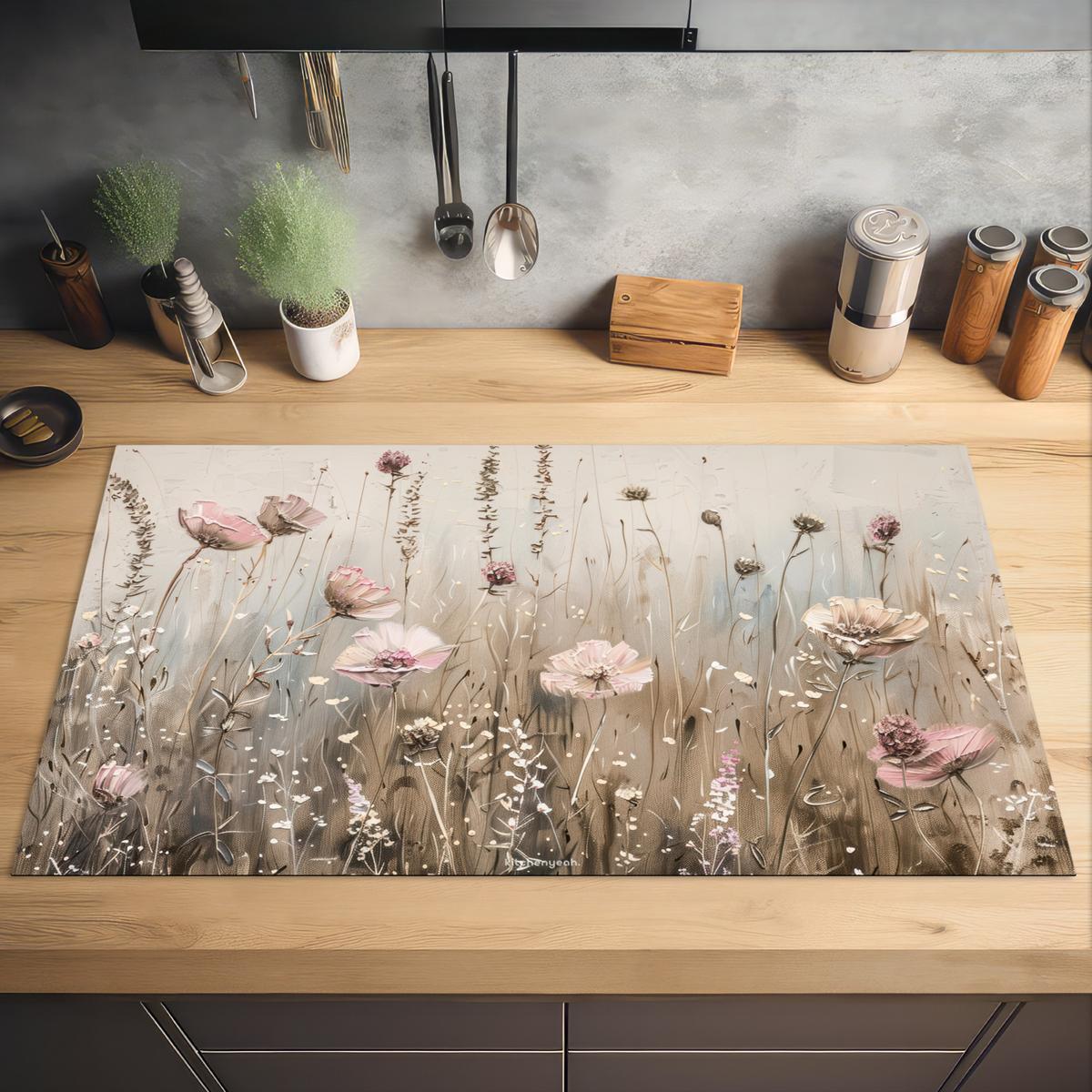 HERDABDECKPLATTE Blumen - Beige - Trockenblumen Induktionsschutz 91.2x52 cm - Beige, Kunststoff (91.2/52/0.2cm) - MuchoWow