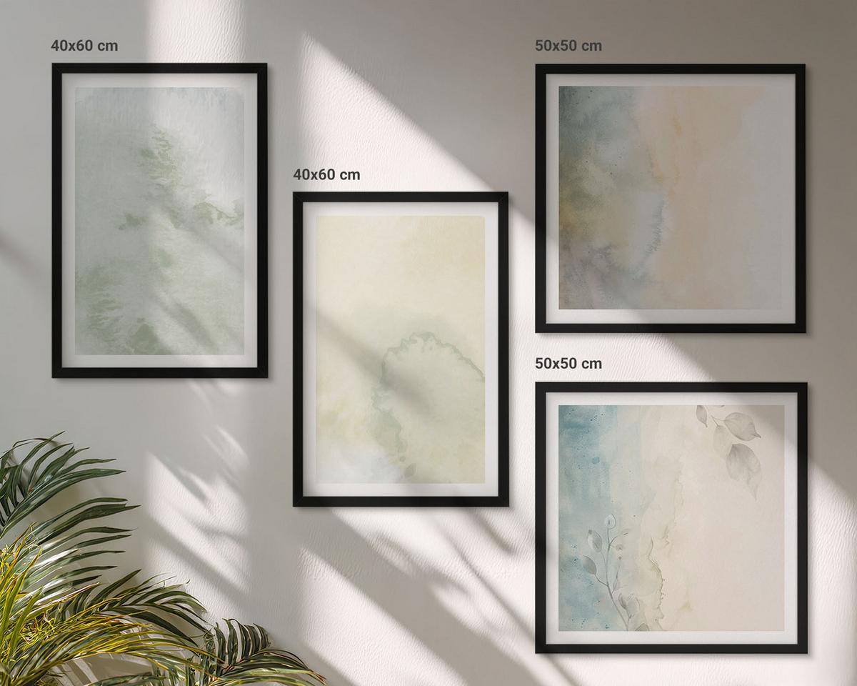 BILDER SET 4er Set - 50x50 cm & 40x60 cm Schwarzer Rahmen - Pastellfarbene Aquarell-Leinwandtextur - Schwarz, Kunststoff (50/50cm) - TULUP