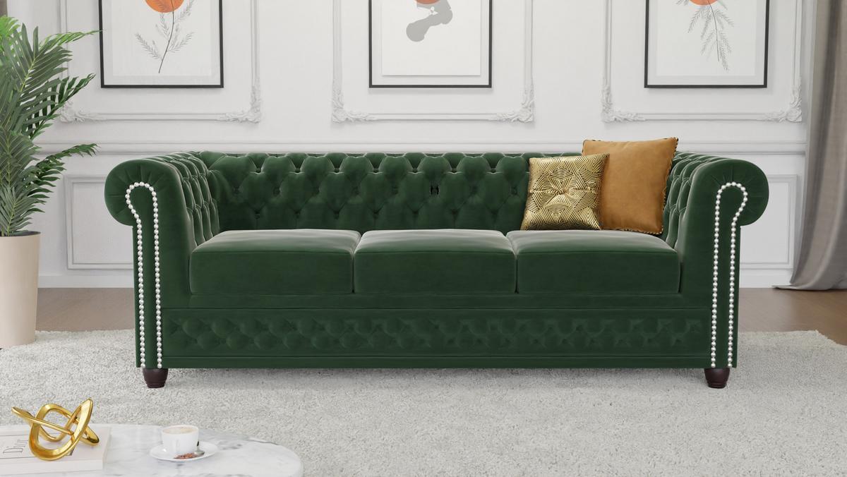 CHESTERFIELD-SOFA 3-Sitzer mit Schlaffunktion Nyx Flasche grün Samt - Smaragdgrün/Braun, Holz/Textil (203/28/86cm) - S-Style Möbel