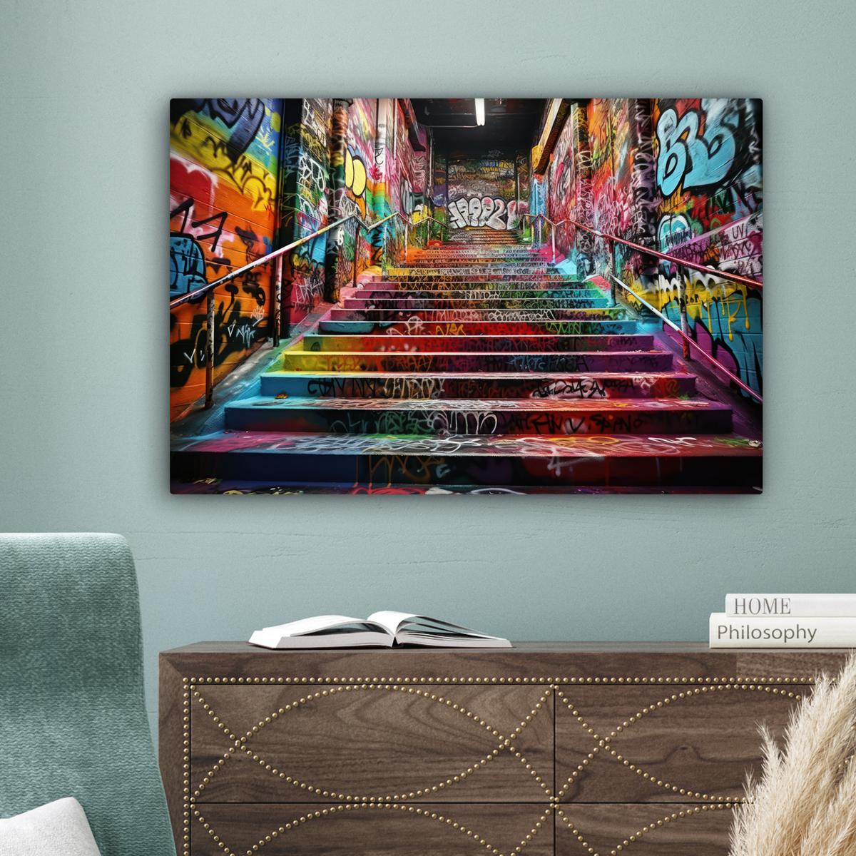 LEINWANDBILD Treppe - Graffiti - Farben - Kunst XXL 150x100 cm - Multicolor, Textil (150/100cm) - MuchoWow