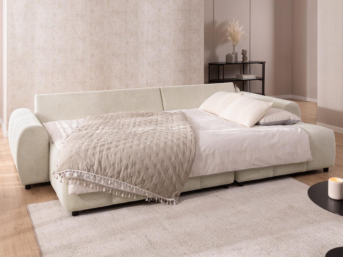 ECKSOFA inkl. Hocker Bubble mit Schlaffunktion und losen Rückenkissen, Sitzfläche Bubble-Optik aus weichem Hellbeige Strukturstoff - Ottomane Rechts - Beige/Schwarz, Holz/Kunststoff (306/180cm) - S-Style
