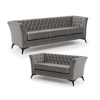 SITZGARNITUR 3+2 Chesterfield Whitby Grau Samt mit schwarzen Füßen - Schwarz/Grau, Holz/Textil (237/78/82cm) - S-Style Möbel