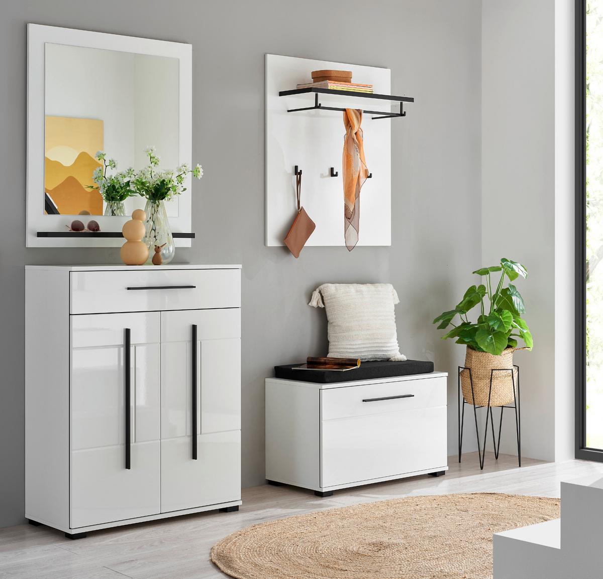 GARDEROBEN-SET weiß Hochglanz 5-teilig 170 cm, Flurgarderobe mit Soft-Close - Dunkelgrau/Weiß Hochglanz, Glas/Holzwerkstoff (170/200/40cm) - Furn.Design