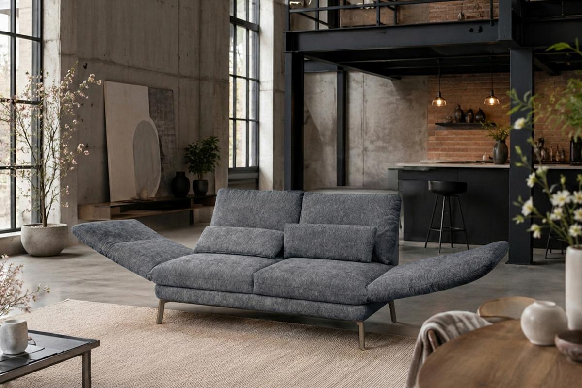 SOFA HOLLY Anthrazit Flachgewebe - Anthrazit/Braun, Textil/Metall (176/90/92cm) - KAWOLA