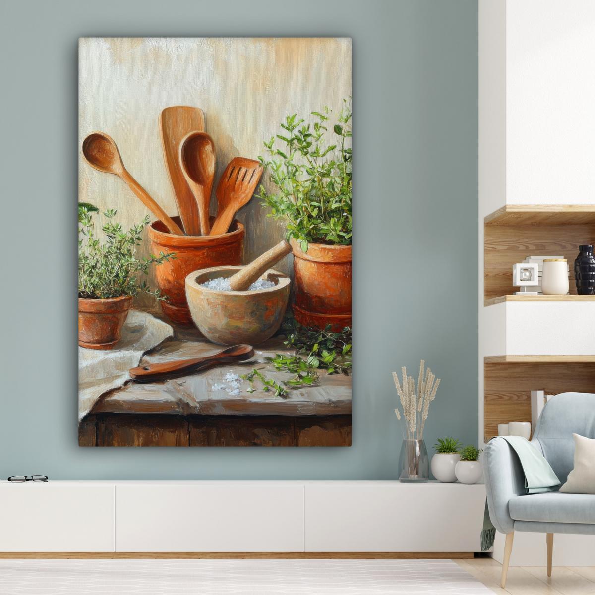 LEINWANDBILD Töpfe - Kräuter - Holz Deko Groß 90x140 cm - Terracotta, Textil (90/140cm) - MuchoWow