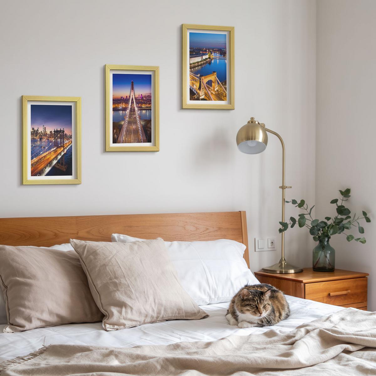 BILDER SET 3er Set - 20x30 cm Goldrahmen - Städte bei Nacht, Brücken, Flüsse - Goldfarben, Kunststoff (20/30cm) - TULUP