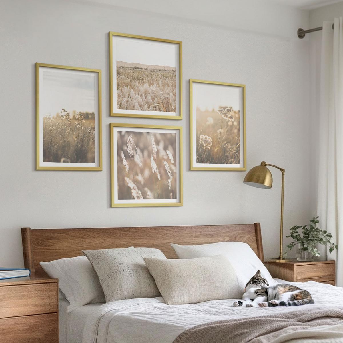 BILDER SET 4er Set - 50x50 cm & 40x60 cm Goldrahmen - Landschaftsgrasblumen Wärme - Goldfarben, Kunststoff (50/50cm) - TULUP