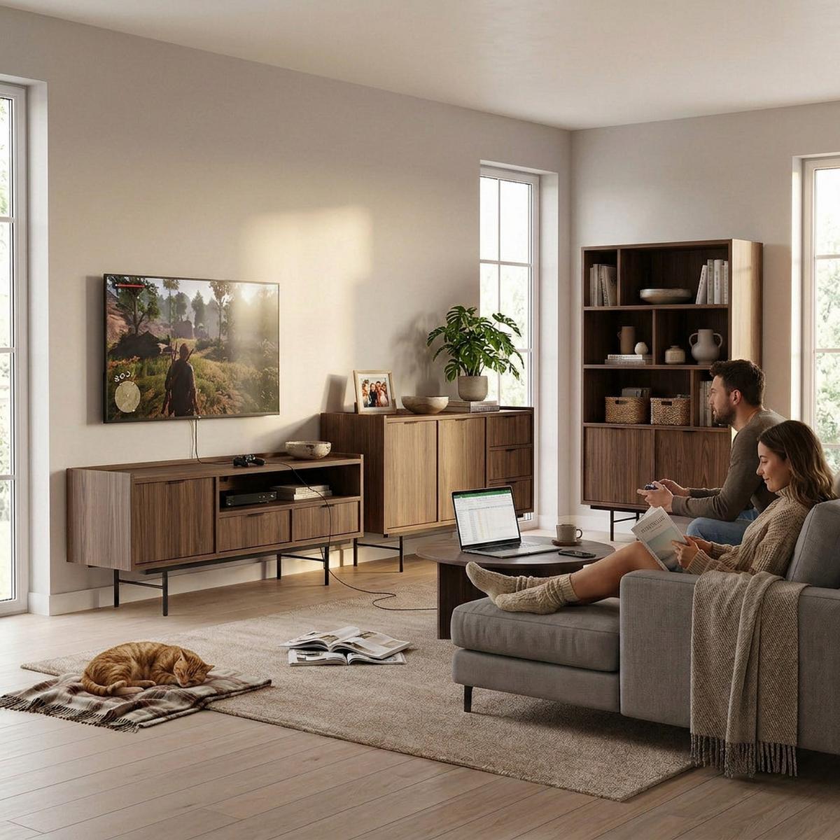 WOHNWAND Evron Kommode 150 cm TV-Board 150 cm Bücherregal 90 cm, Walnuss - Walnussfarben/Schwarz, Holzwerkstoff/Metall (150/90/40cm) - Beautysofa